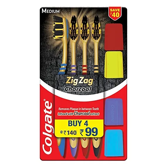 Colgate ZigZag Charcoal Medium Bristle Toothbrush – 4 Pcs