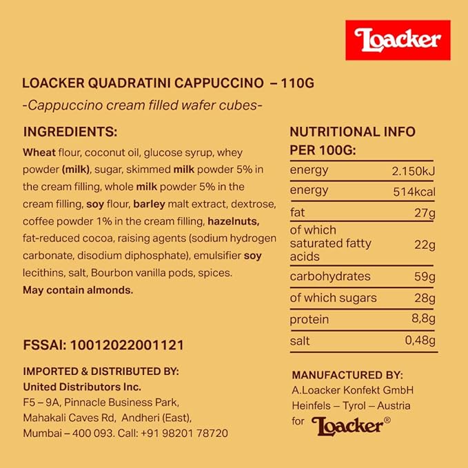 LOACKER QUADRATINI CAPPUCCINO 110GM - Image 2
