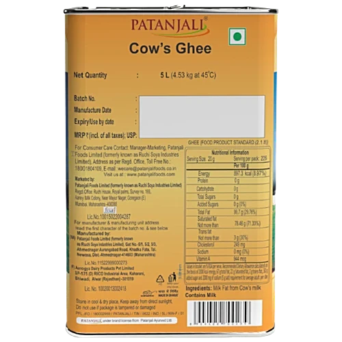 Patanjali Cow Ghee , 5Ltr Tin - Image 2