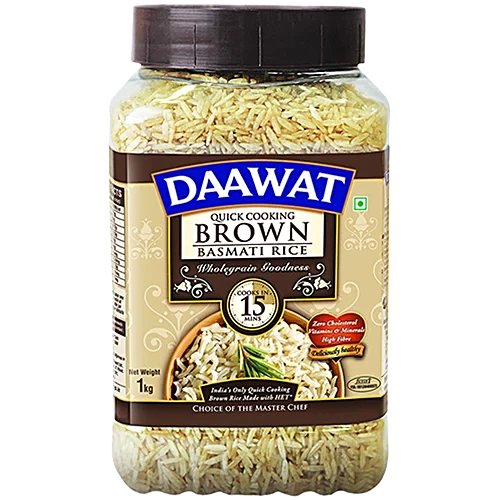 Daawat Brown, Cooks in 15-minute, Full Bran Intact, Fibre-Rich Basmati Rice Jar, 1 Kg