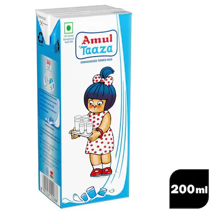 Amul Tazza Homogenised Toned Milk Tp , 200Ml